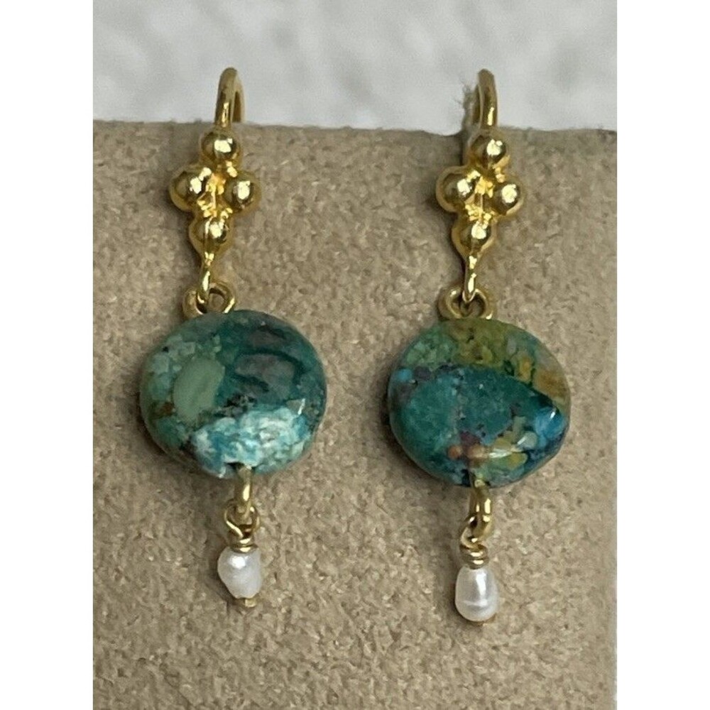 Chan Luu Freshwater Pearl 18K GP Sterling Silver Turquoise Drop Earrings Boho!